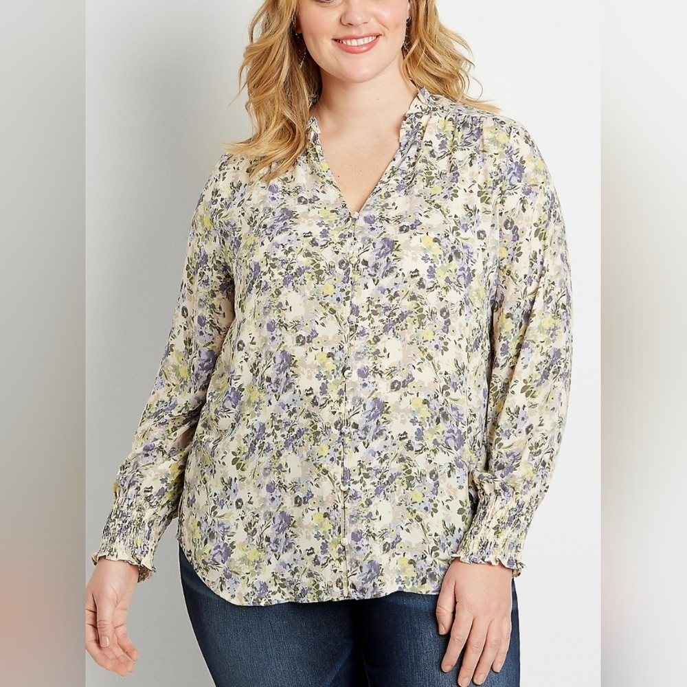 Maurice Women's 14W Yellow Spring Floral Button Down Ruffle Neck Blouse